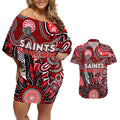 Personalised Saints NAIDOC Week 2024 Couples Matching Off Shoulder Short Dress and Hawaiian Shirt Aussie Aboriginal Art