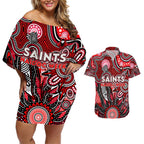 Personalised Saints NAIDOC Week 2024 Couples Matching Off Shoulder Short Dress and Hawaiian Shirt Aussie Aboriginal Art