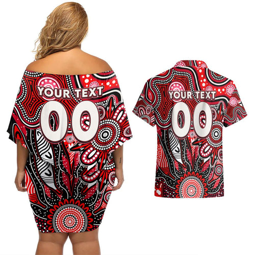 Personalised Saints NAIDOC Week 2024 Couples Matching Off Shoulder Short Dress and Hawaiian Shirt Aussie Aboriginal Art