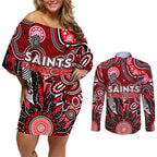 Personalised Saints NAIDOC Week 2024 Couples Matching Off Shoulder Short Dress and Long Sleeve Button Shirt Aussie Aboriginal Art