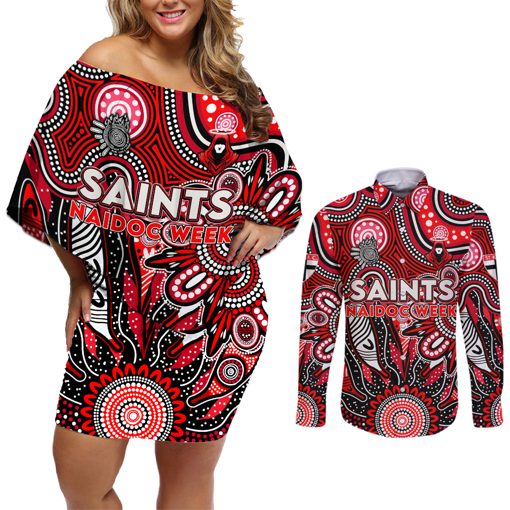 Personalised Saints NAIDOC Week 2024 Couples Matching Off Shoulder Short Dress and Long Sleeve Button Shirt Aussie Aboriginal Art