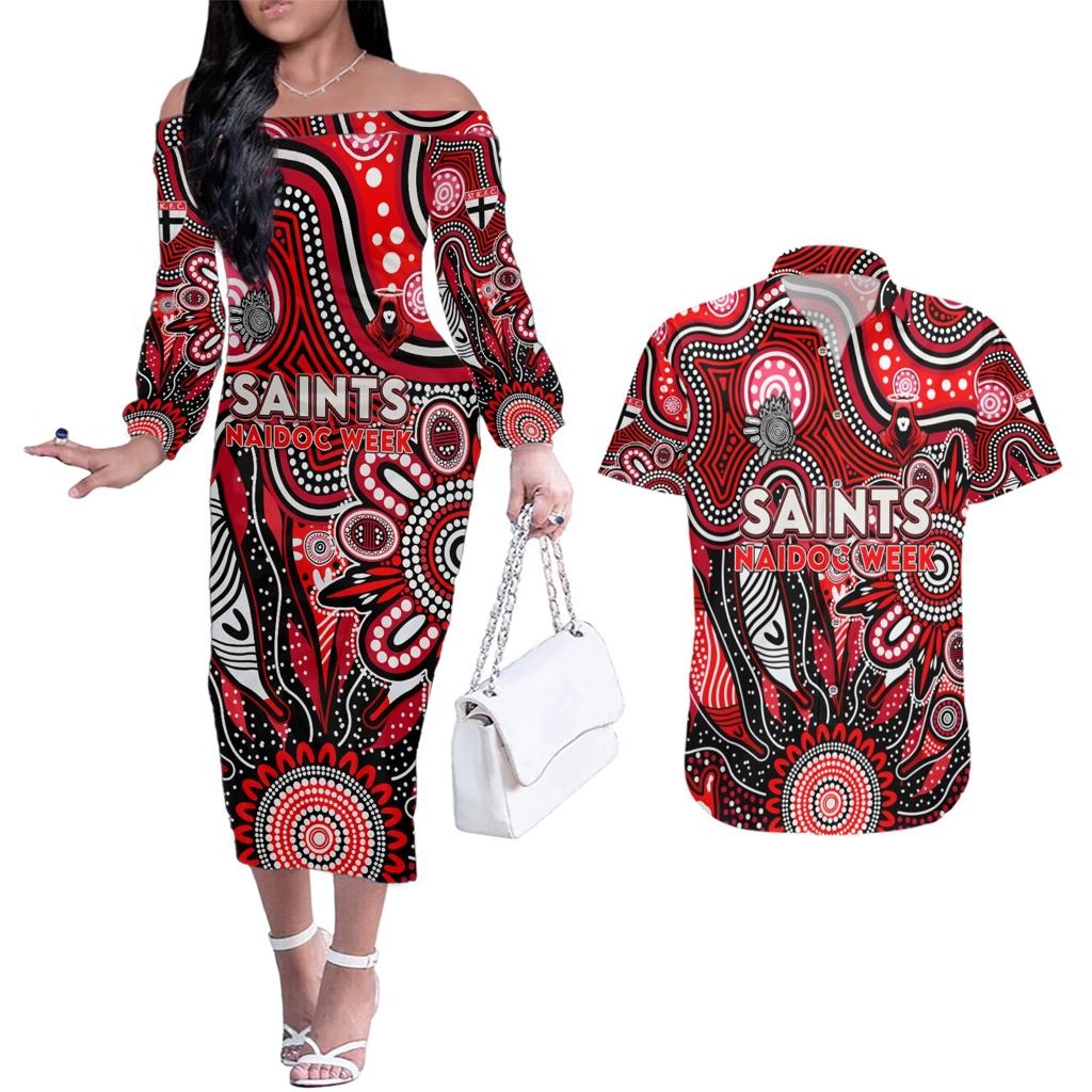 Personalised Saints NAIDOC Week 2024 Couples Matching Off The Shoulder Long Sleeve Dress and Hawaiian Shirt Aussie Aboriginal Art