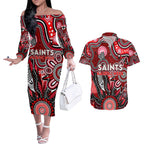 Personalised Saints NAIDOC Week 2024 Couples Matching Off The Shoulder Long Sleeve Dress and Hawaiian Shirt Aussie Aboriginal Art