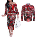 Personalised Saints NAIDOC Week 2024 Couples Matching Off The Shoulder Long Sleeve Dress and Long Sleeve Button Shirt Aussie Aboriginal Art
