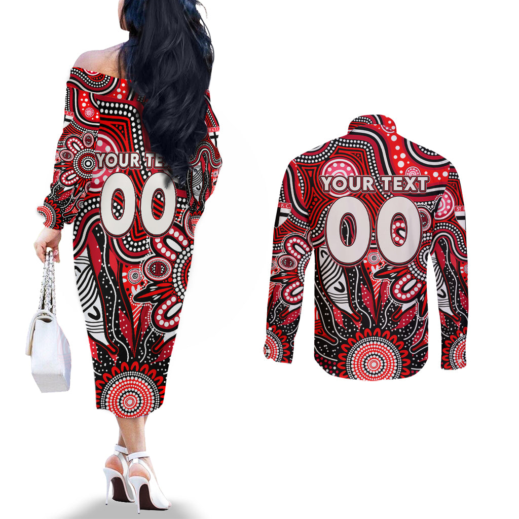 Personalised Saints NAIDOC Week 2024 Couples Matching Off The Shoulder Long Sleeve Dress and Long Sleeve Button Shirt Aussie Aboriginal Art