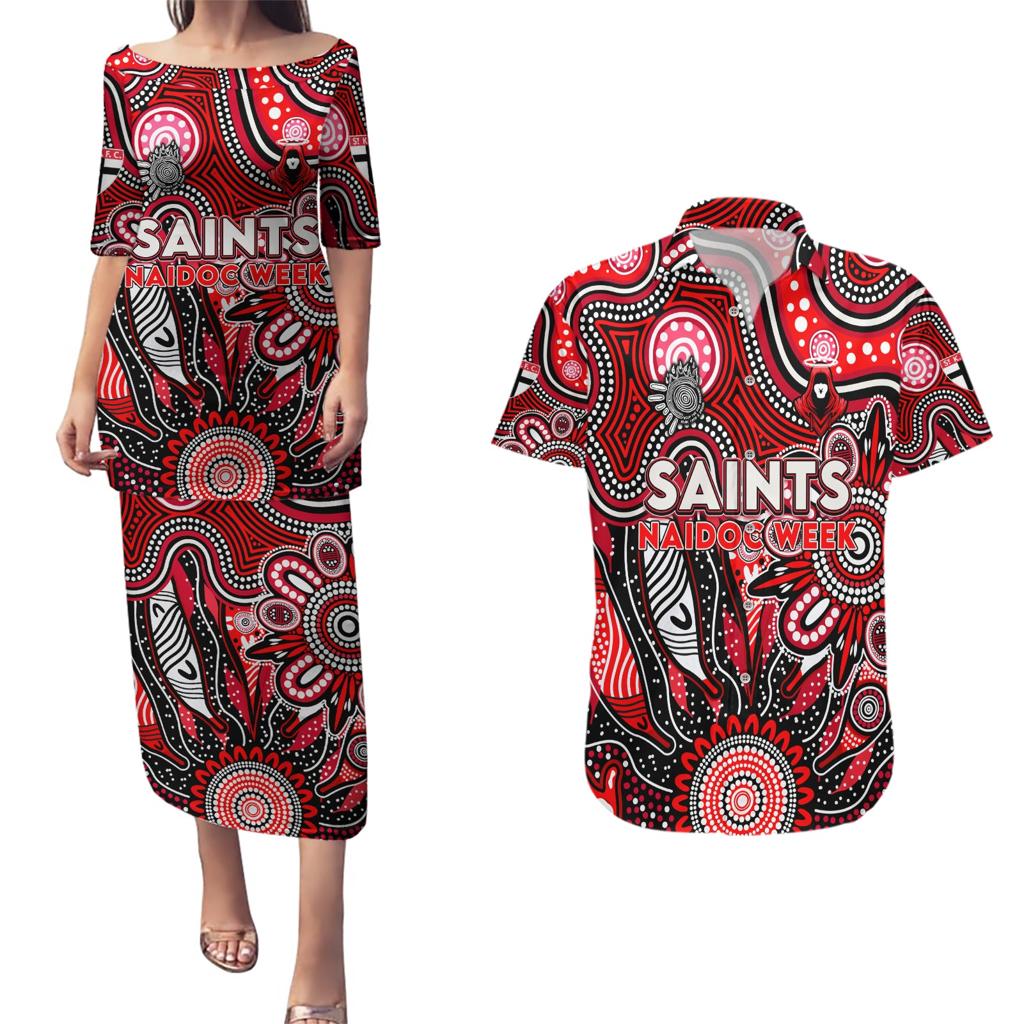 Personalised Saints NAIDOC Week 2024 Couples Matching Puletasi and Hawaiian Shirt Aussie Aboriginal Art