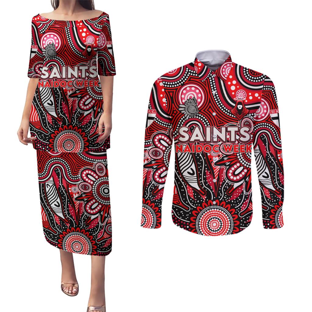 Personalised Saints NAIDOC Week 2024 Couples Matching Puletasi and Long Sleeve Button Shirt Aussie Aboriginal Art