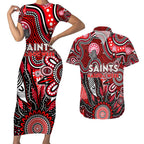 Personalised Saints NAIDOC Week 2024 Couples Matching Short Sleeve Bodycon Dress and Hawaiian Shirt Aussie Aboriginal Art