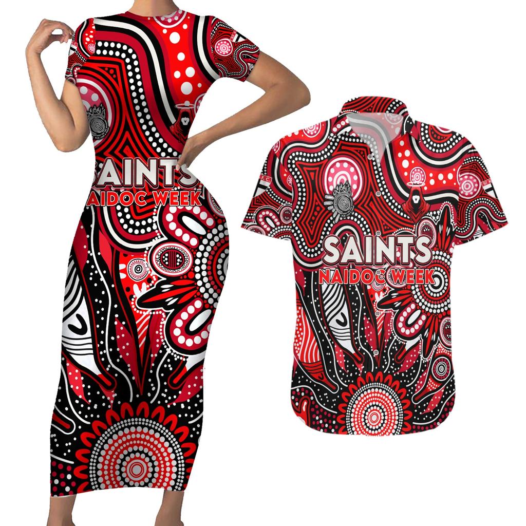 Personalised Saints NAIDOC Week 2024 Couples Matching Short Sleeve Bodycon Dress and Hawaiian Shirt Aussie Aboriginal Art