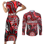 Personalised Saints NAIDOC Week 2024 Couples Matching Short Sleeve Bodycon Dress and Long Sleeve Button Shirt Aussie Aboriginal Art