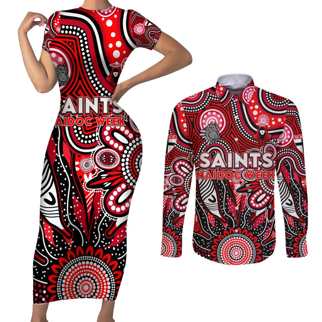 Personalised Saints NAIDOC Week 2024 Couples Matching Short Sleeve Bodycon Dress and Long Sleeve Button Shirt Aussie Aboriginal Art