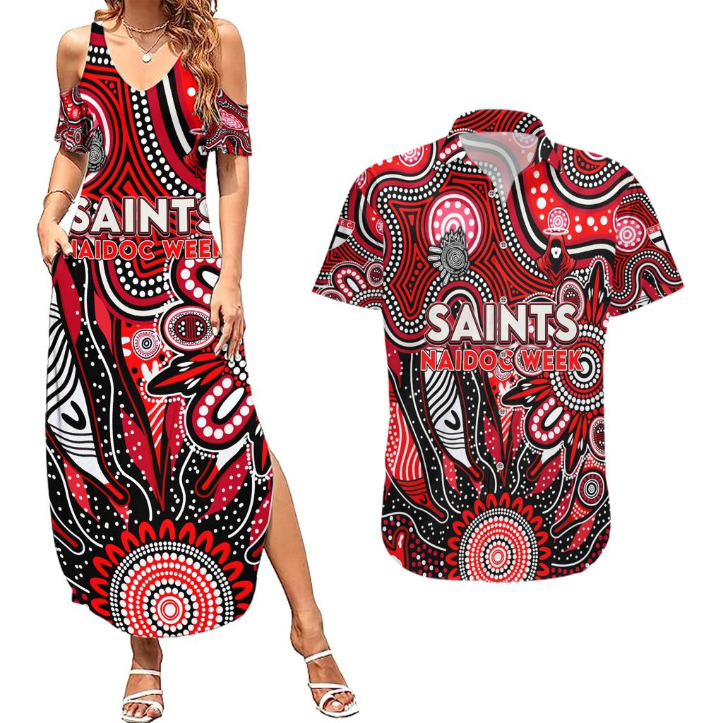 Personalised Saints NAIDOC Week 2024 Couples Matching Summer Maxi Dress and Hawaiian Shirt Aussie Aboriginal Art