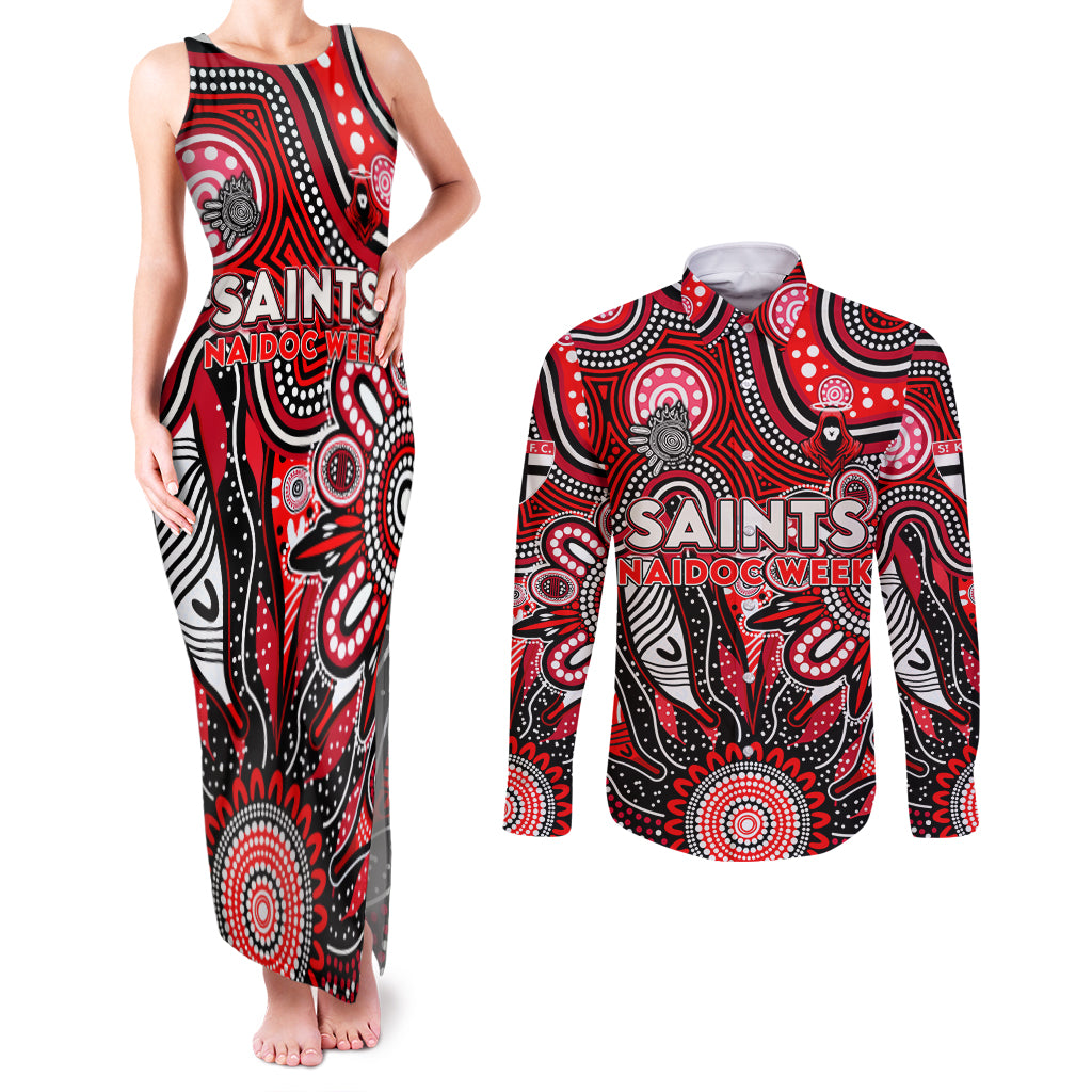Personalised Saints NAIDOC Week 2024 Couples Matching Tank Maxi Dress and Long Sleeve Button Shirt Aussie Aboriginal Art
