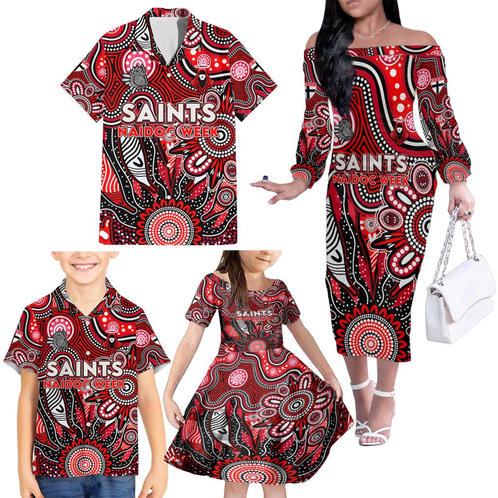 Personalised Saints NAIDOC Week 2024 Family Matching Off The Shoulder Long Sleeve Dress and Hawaiian Shirt Aussie Aboriginal Art
