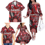 Personalised Saints NAIDOC Week 2024 Family Matching Off The Shoulder Long Sleeve Dress and Hawaiian Shirt Aussie Aboriginal Art
