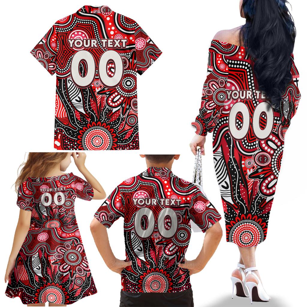 Personalised Saints NAIDOC Week 2024 Family Matching Off The Shoulder Long Sleeve Dress and Hawaiian Shirt Aussie Aboriginal Art