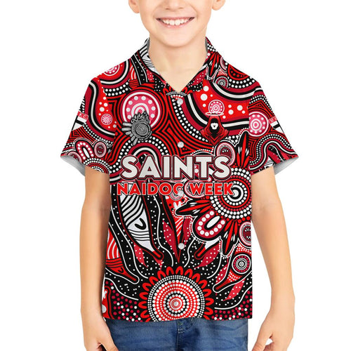 Personalised Saints NAIDOC Week 2024 Family Matching Off The Shoulder Long Sleeve Dress and Hawaiian Shirt Aussie Aboriginal Art