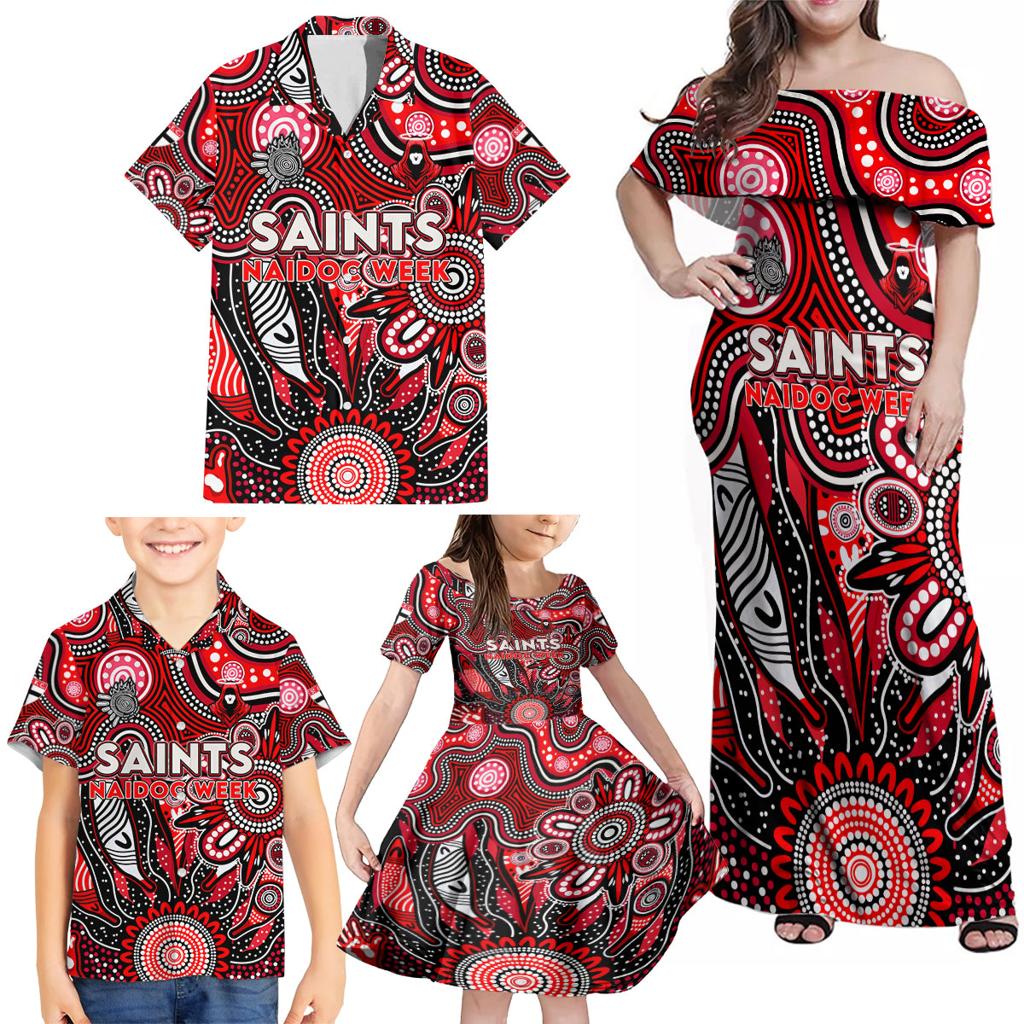 Personalised Saints NAIDOC Week 2024 Family Matching Off Shoulder Maxi Dress and Hawaiian Shirt Aussie Aboriginal Art