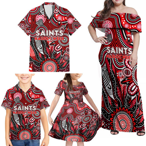 Personalised Saints NAIDOC Week 2024 Family Matching Off Shoulder Maxi Dress and Hawaiian Shirt Aussie Aboriginal Art