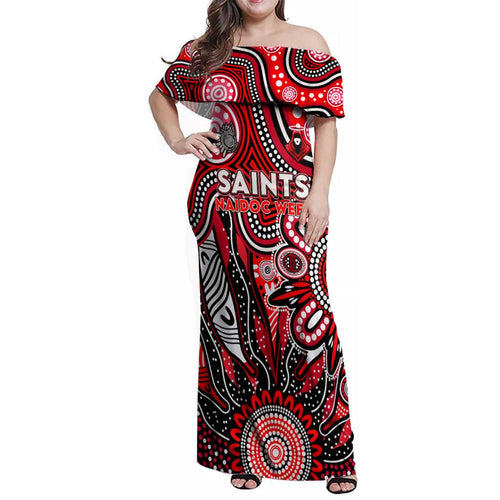 Personalised Saints NAIDOC Week 2024 Family Matching Off Shoulder Maxi Dress and Hawaiian Shirt Aussie Aboriginal Art