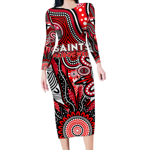 Personalised Saints NAIDOC Week 2024 Long Sleeve Bodycon Dress Aussie Aboriginal Art
