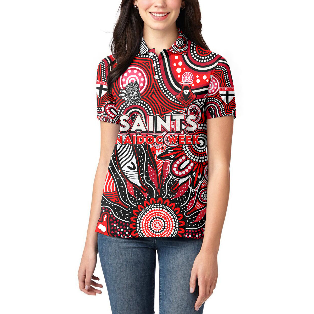 Personalised Saints NAIDOC Week 2024 Women Polo Shirt Aussie Aboriginal Art
