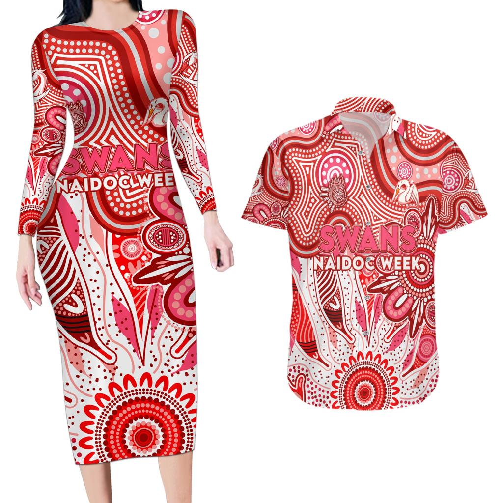 Personalised Swans NAIDOC Week 2024 Couples Matching Long Sleeve Bodycon Dress and Hawaiian Shirt Aussie Aboriginal Art