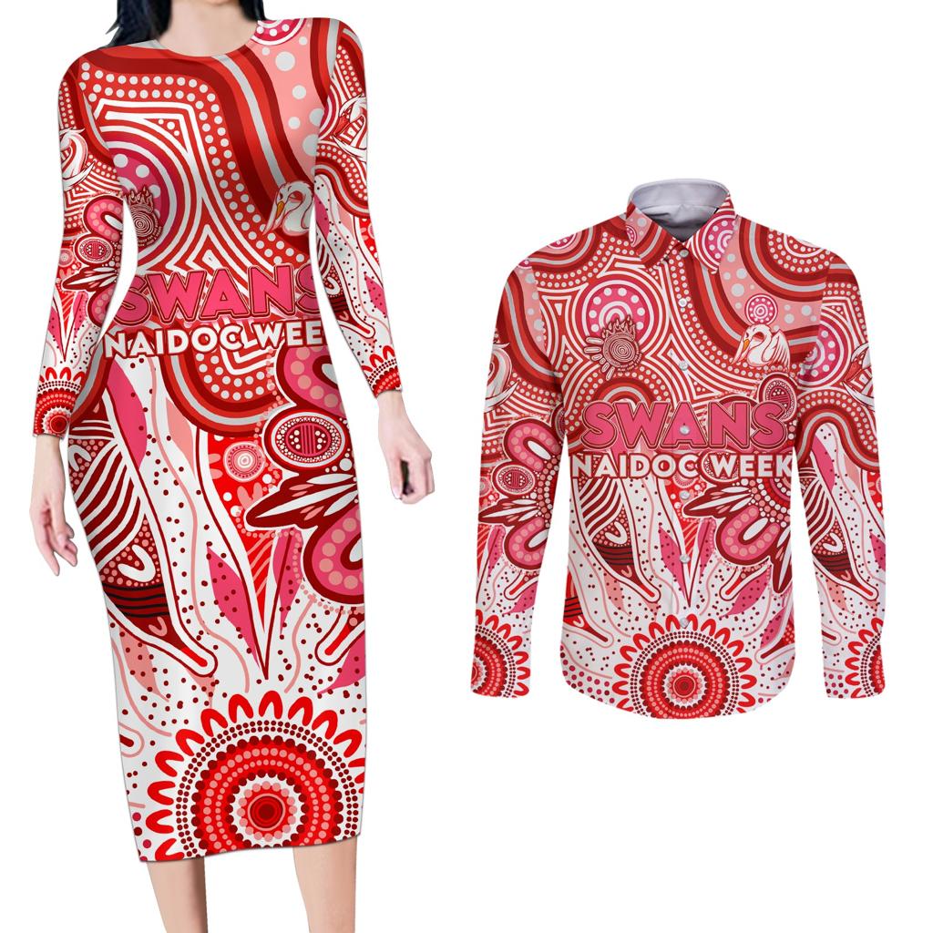 Personalised Swans NAIDOC Week 2024 Couples Matching Long Sleeve Bodycon Dress and Long Sleeve Button Shirt Aussie Aboriginal Art