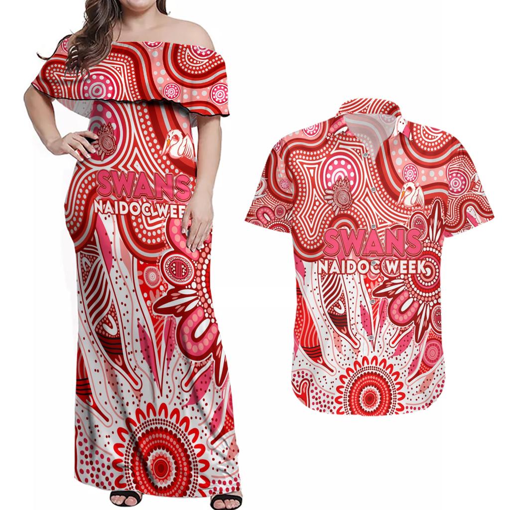 Personalised Swans NAIDOC Week 2024 Couples Matching Off Shoulder Maxi Dress and Hawaiian Shirt Aussie Aboriginal Art