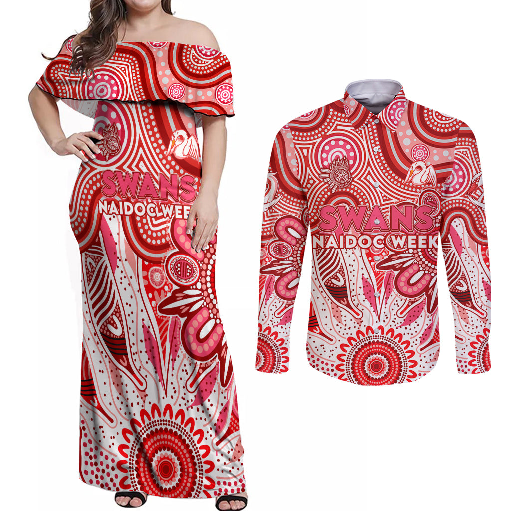 Personalised Swans NAIDOC Week 2024 Couples Matching Off Shoulder Maxi Dress and Long Sleeve Button Shirt Aussie Aboriginal Art
