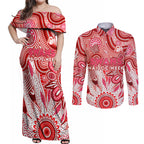 Personalised Swans NAIDOC Week 2024 Couples Matching Off Shoulder Maxi Dress and Long Sleeve Button Shirt Aussie Aboriginal Art