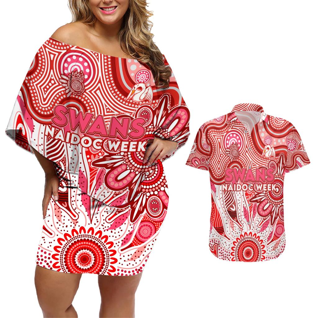 Personalised Swans NAIDOC Week 2024 Couples Matching Off Shoulder Short Dress and Hawaiian Shirt Aussie Aboriginal Art