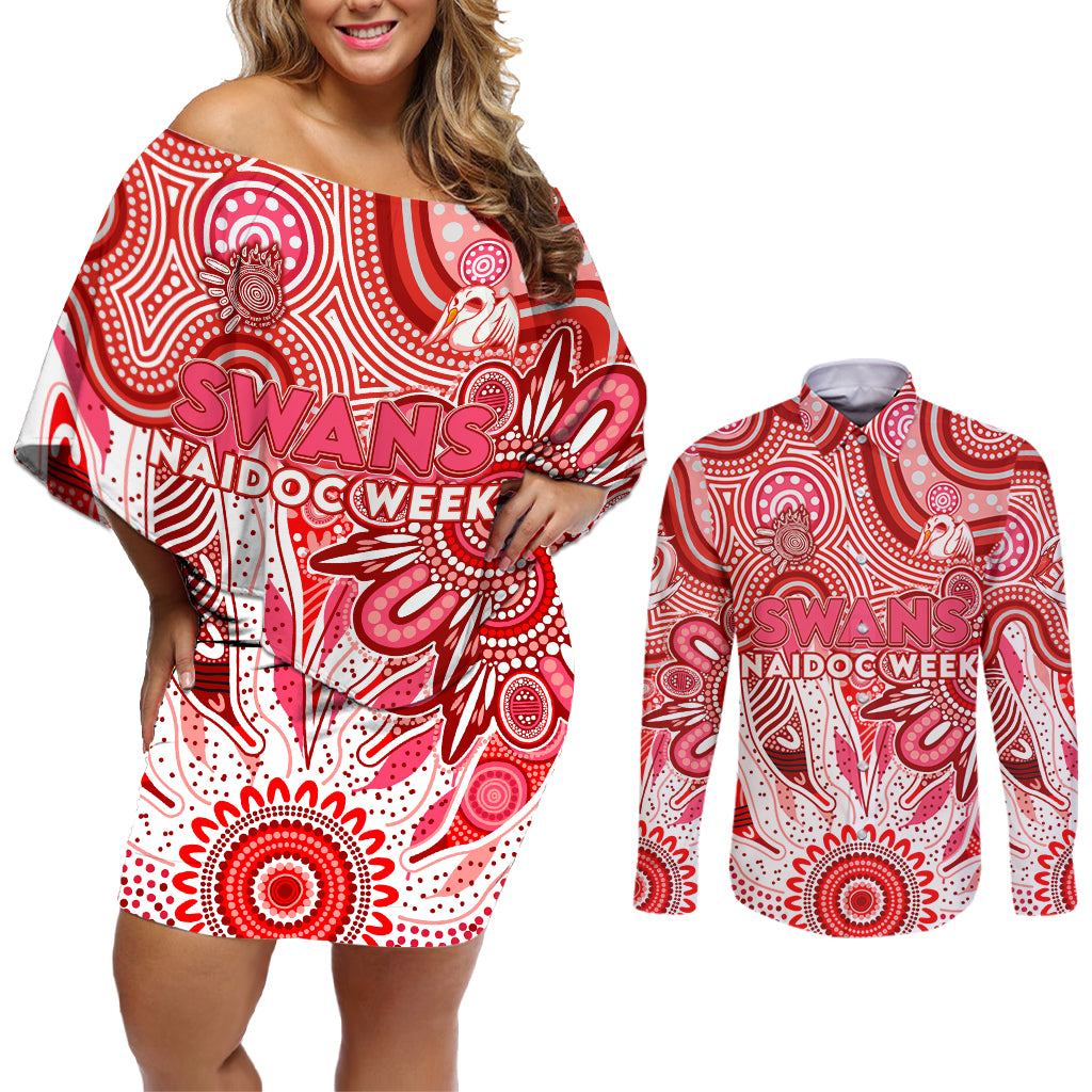 Personalised Swans NAIDOC Week 2024 Couples Matching Off Shoulder Short Dress and Long Sleeve Button Shirt Aussie Aboriginal Art