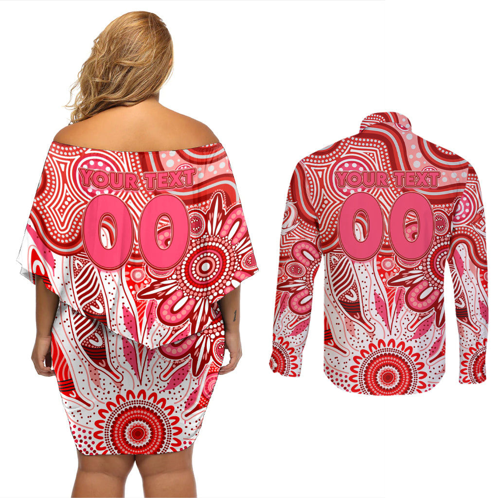 Personalised Swans NAIDOC Week 2024 Couples Matching Off Shoulder Short Dress and Long Sleeve Button Shirt Aussie Aboriginal Art