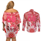 Personalised Swans NAIDOC Week 2024 Couples Matching Off Shoulder Short Dress and Long Sleeve Button Shirt Aussie Aboriginal Art