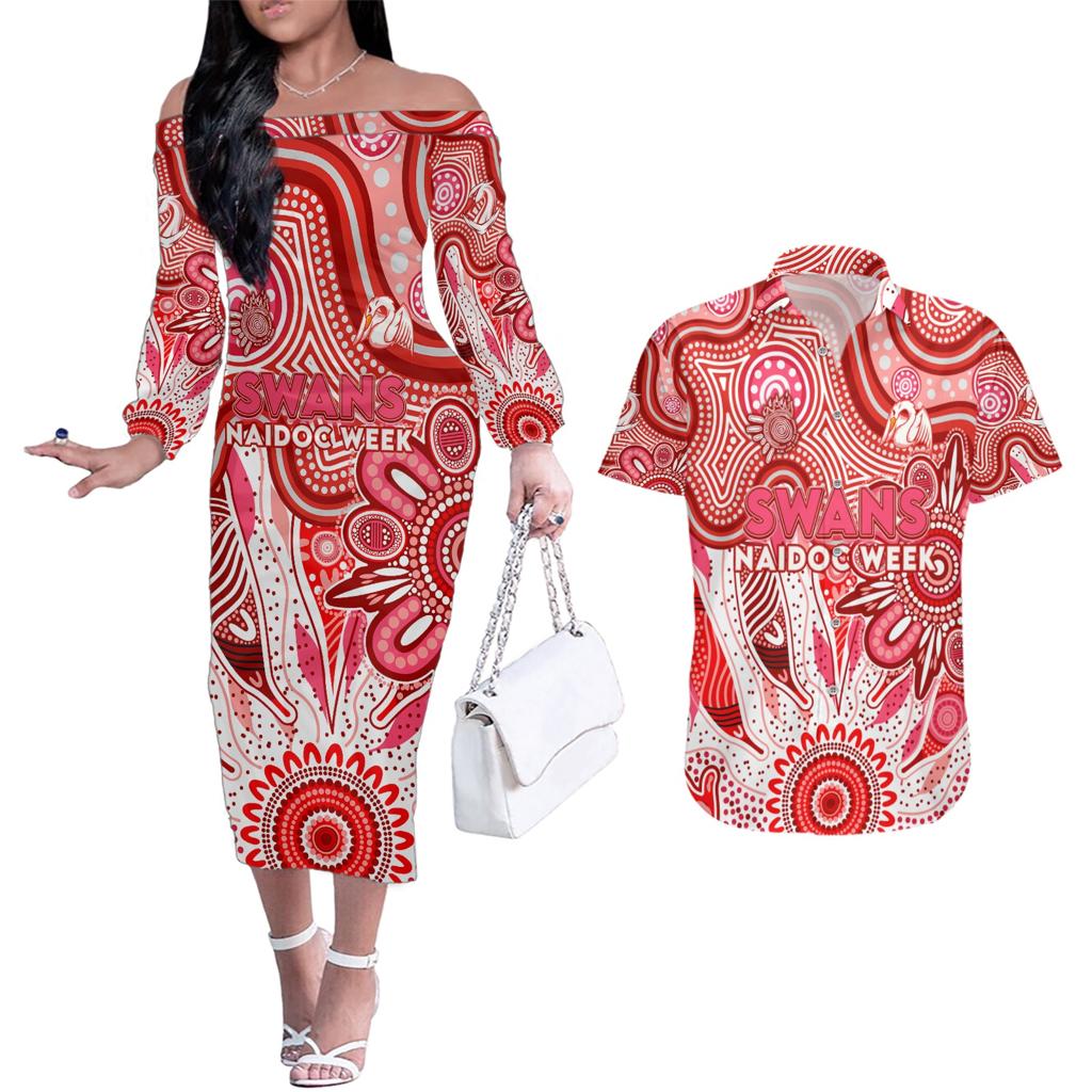 Personalised Swans NAIDOC Week 2024 Couples Matching Off The Shoulder Long Sleeve Dress and Hawaiian Shirt Aussie Aboriginal Art