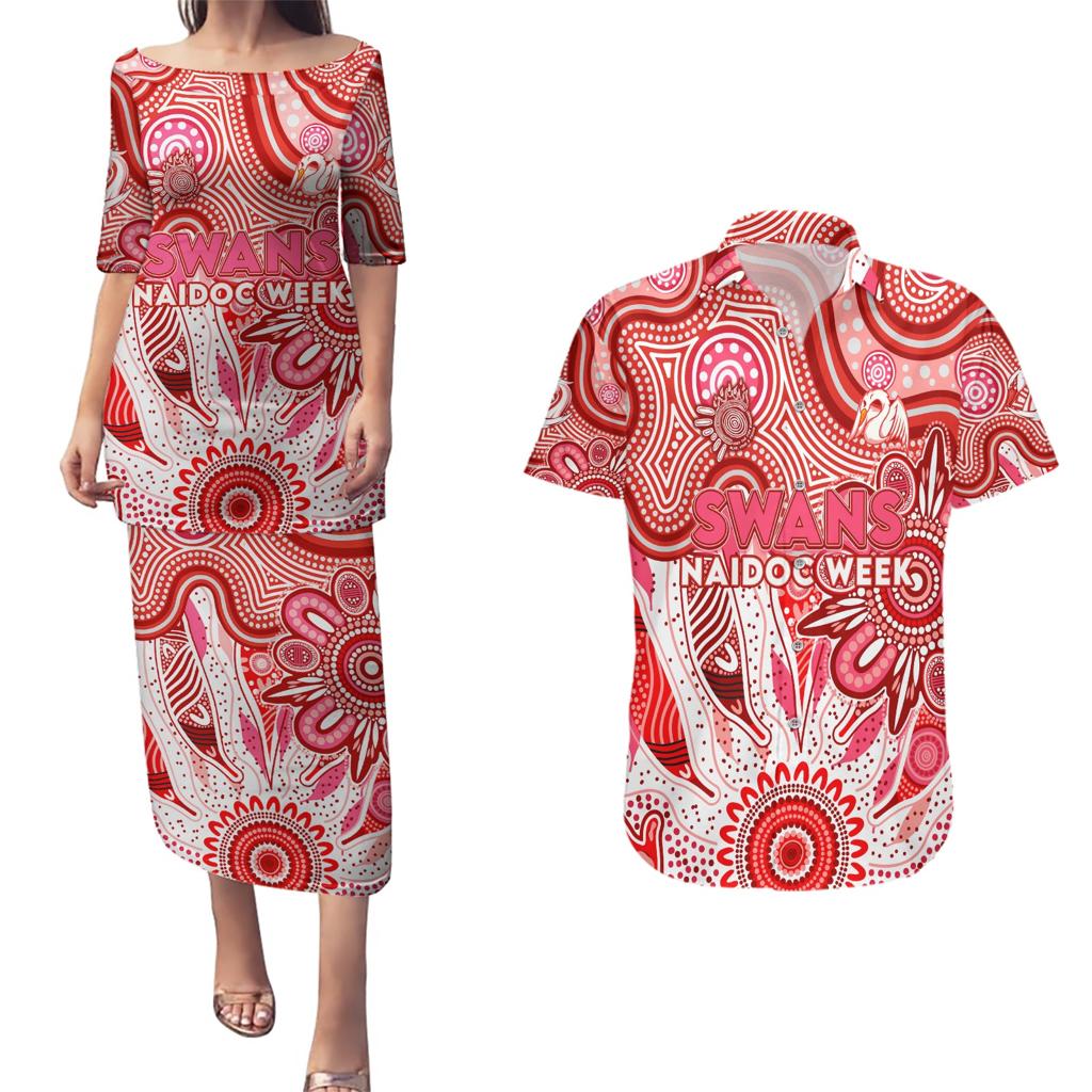 Personalised Swans NAIDOC Week 2024 Couples Matching Puletasi and Hawaiian Shirt Aussie Aboriginal Art