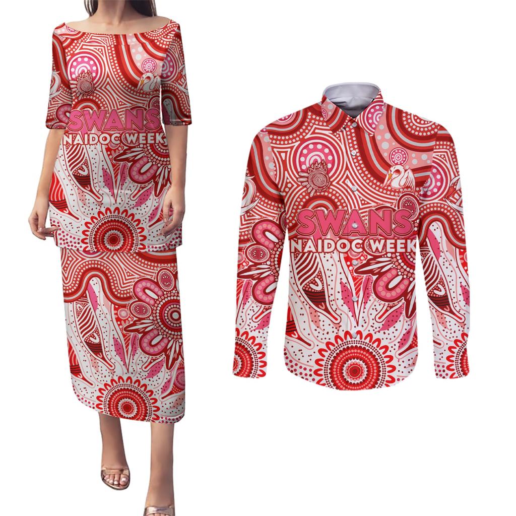 Personalised Swans NAIDOC Week 2024 Couples Matching Puletasi and Long Sleeve Button Shirt Aussie Aboriginal Art