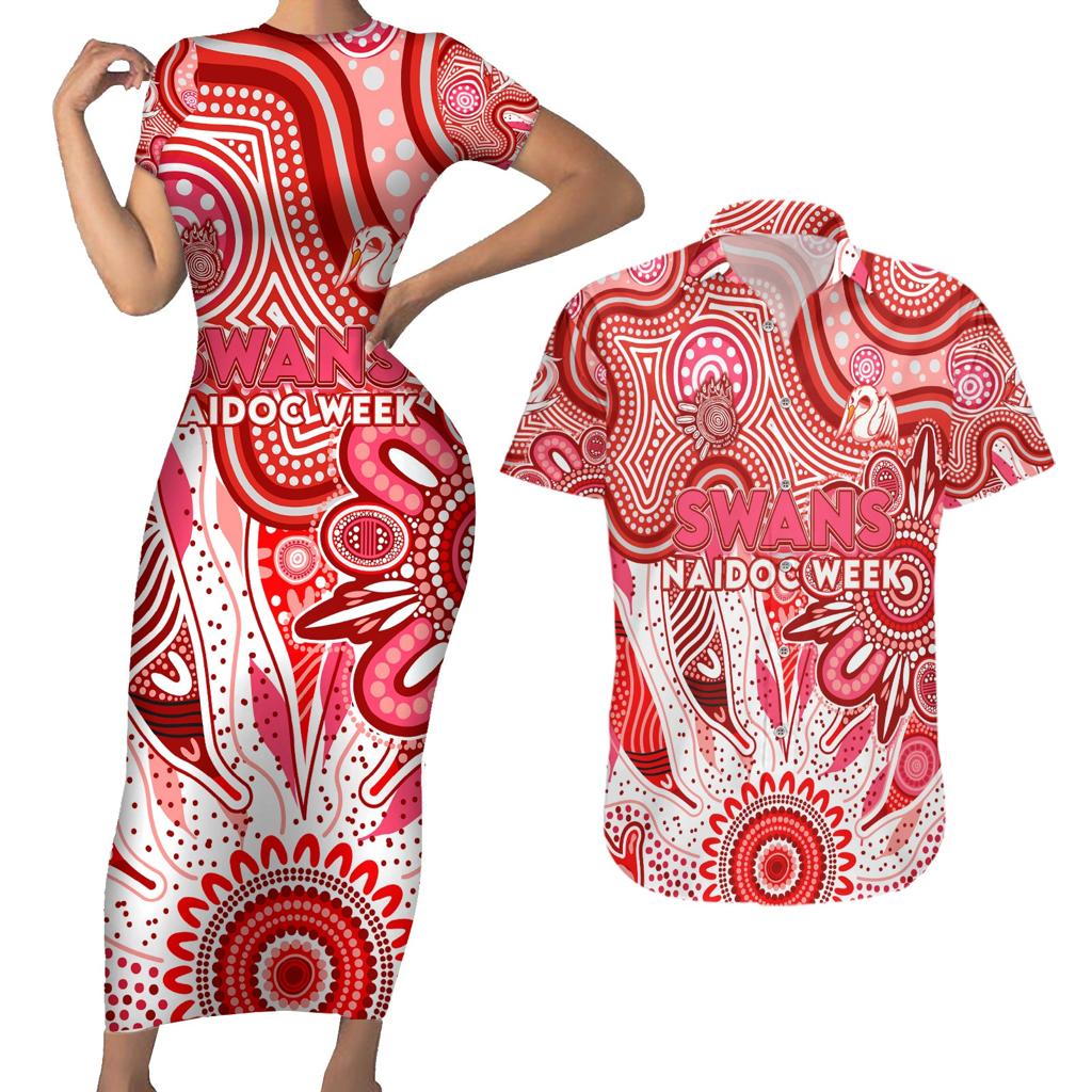 Personalised Swans NAIDOC Week 2024 Couples Matching Short Sleeve Bodycon Dress and Hawaiian Shirt Aussie Aboriginal Art