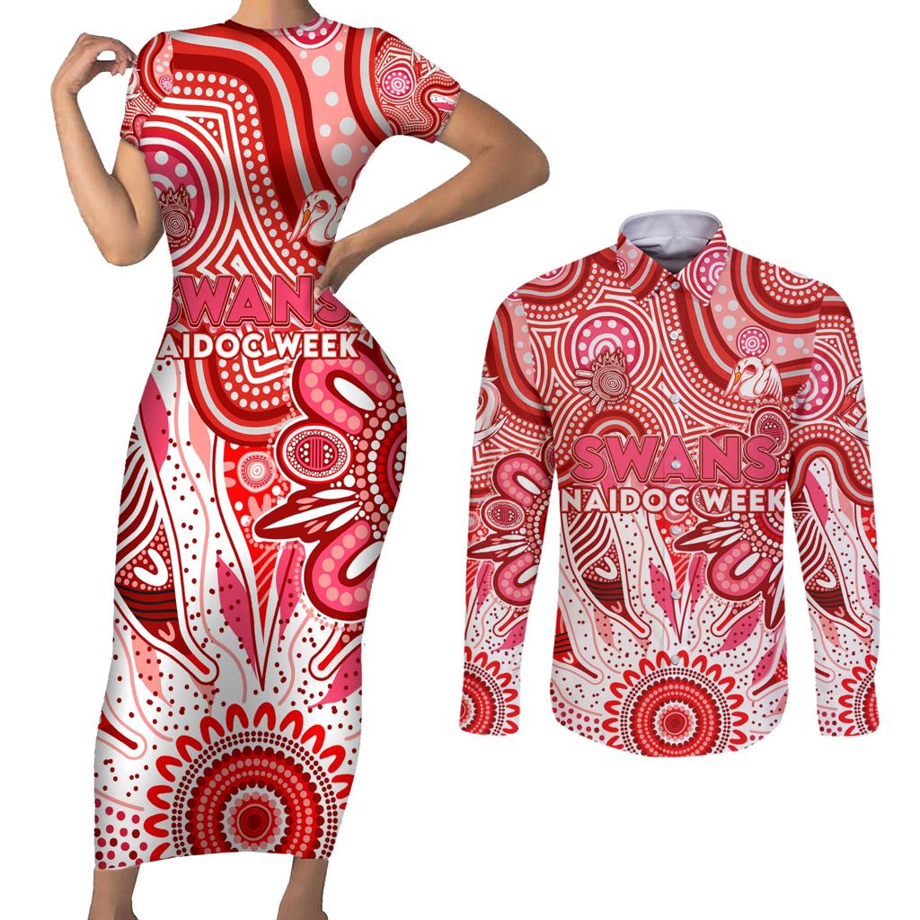 Personalised Swans NAIDOC Week 2024 Couples Matching Short Sleeve Bodycon Dress and Long Sleeve Button Shirt Aussie Aboriginal Art
