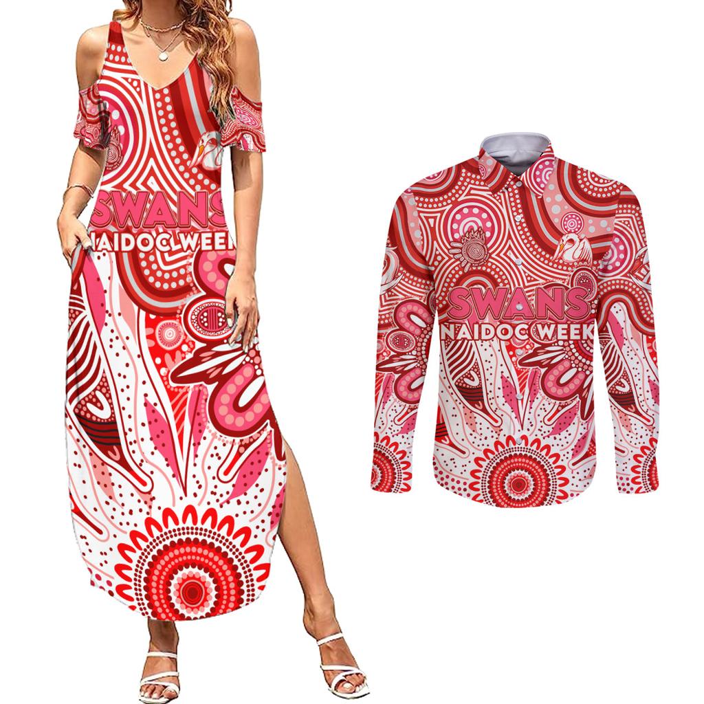 Personalised Swans NAIDOC Week 2024 Couples Matching Summer Maxi Dress and Long Sleeve Button Shirt Aussie Aboriginal Art