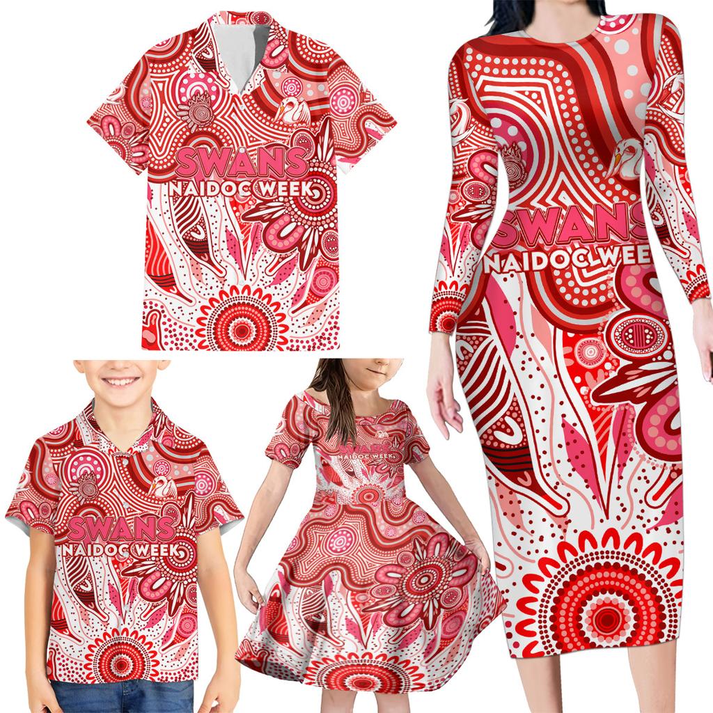 Personalised Swans NAIDOC Week 2024 Family Matching Long Sleeve Bodycon Dress and Hawaiian Shirt Aussie Aboriginal Art