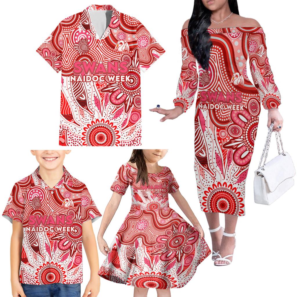 Personalised Swans NAIDOC Week 2024 Family Matching Off The Shoulder Long Sleeve Dress and Hawaiian Shirt Aussie Aboriginal Art