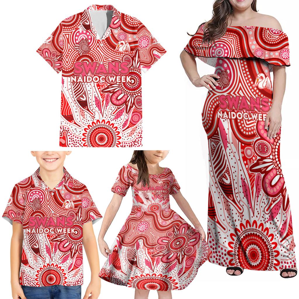 Personalised Swans NAIDOC Week 2024 Family Matching Off Shoulder Maxi Dress and Hawaiian Shirt Aussie Aboriginal Art