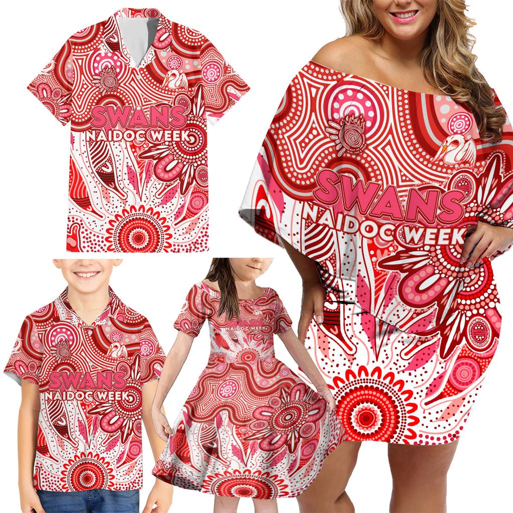 Personalised Swans NAIDOC Week 2024 Family Matching Off Shoulder Short Dress and Hawaiian Shirt Aussie Aboriginal Art