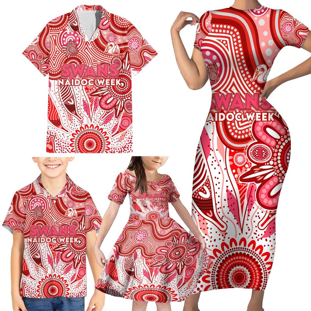 Personalised Swans NAIDOC Week 2024 Family Matching Short Sleeve Bodycon Dress and Hawaiian Shirt Aussie Aboriginal Art