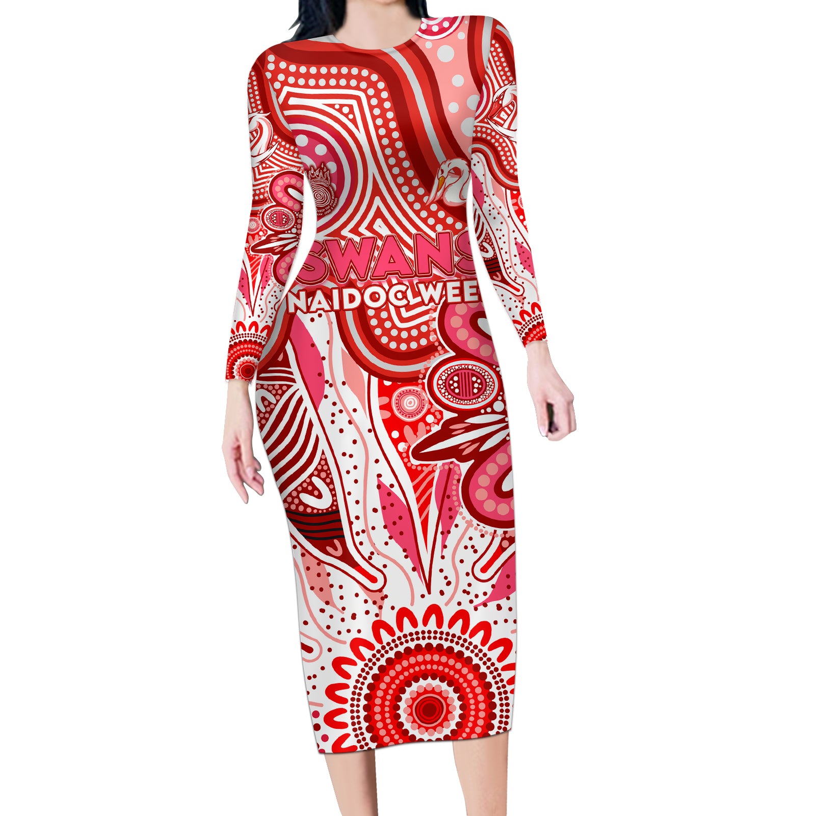 Personalised Swans NAIDOC Week 2024 Long Sleeve Bodycon Dress Aussie Aboriginal Art