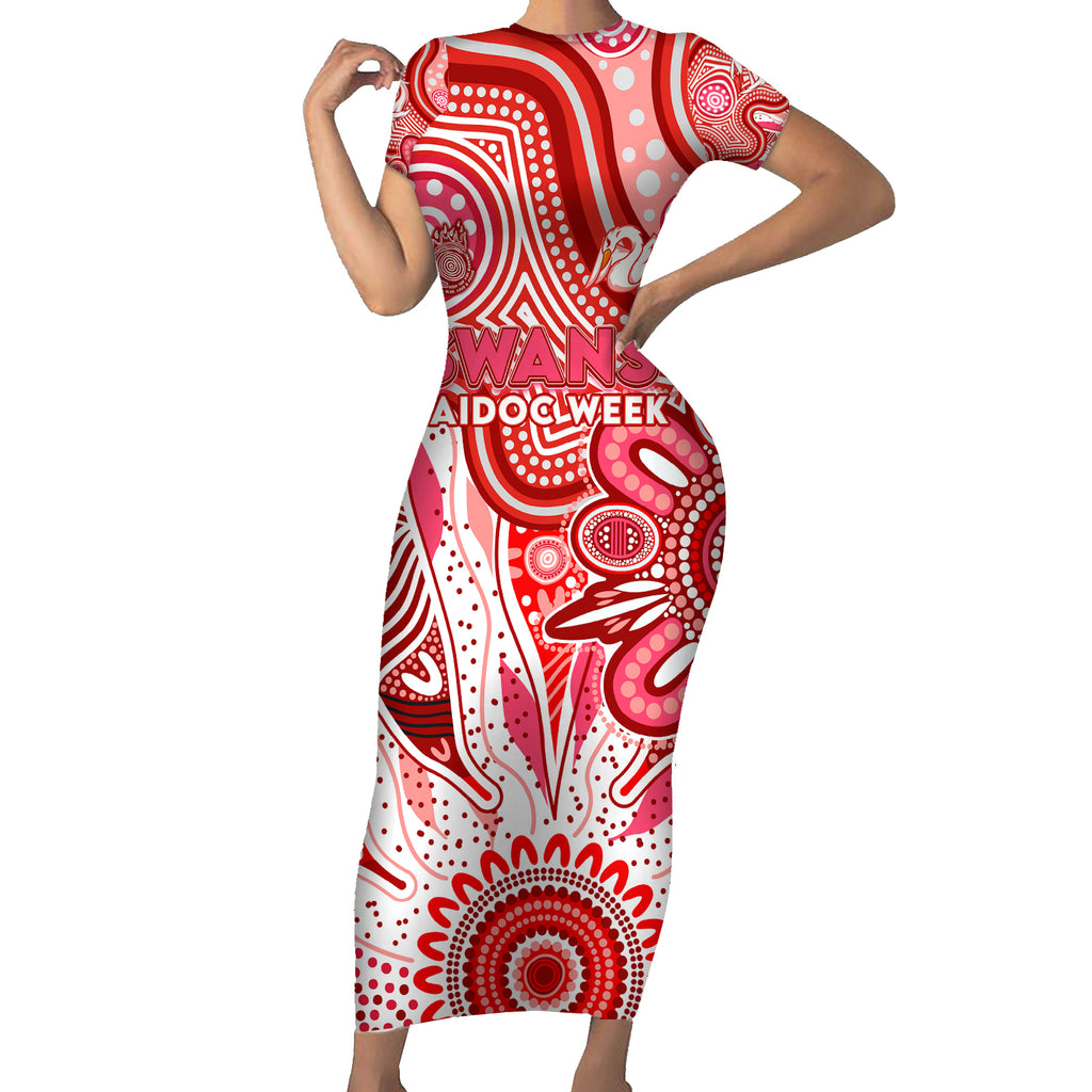 Personalised Swans NAIDOC Week 2024 Short Sleeve Bodycon Dress Aussie Aboriginal Art