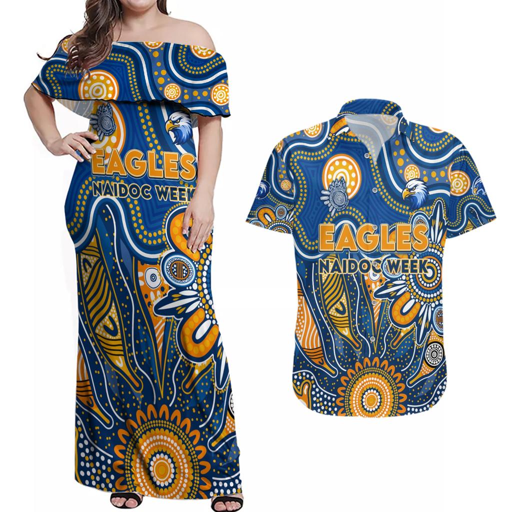 Personalised Eagles NAIDOC Week 2024 Couples Matching Off Shoulder Maxi Dress and Hawaiian Shirt Aussie Aboriginal Art