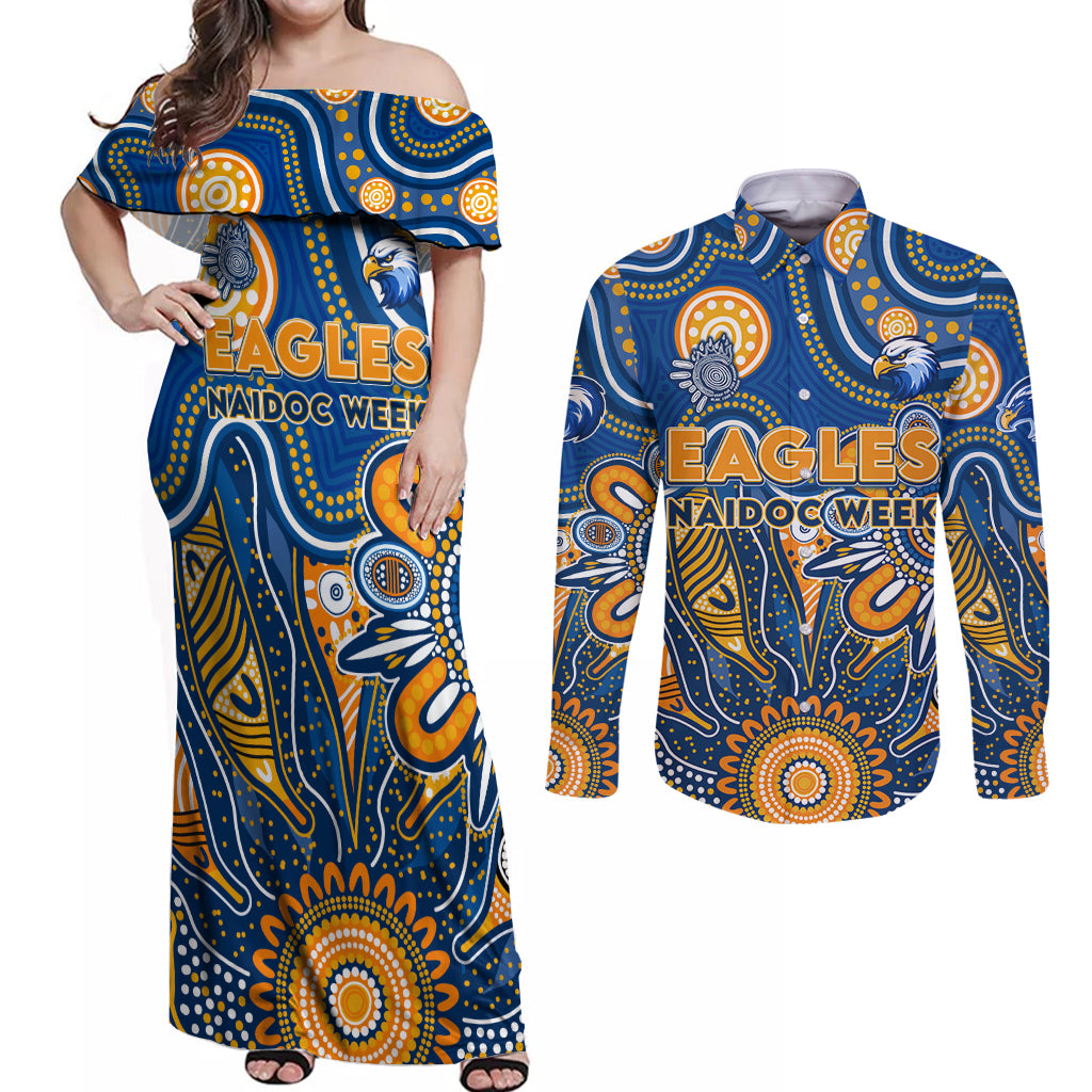 Personalised Eagles NAIDOC Week 2024 Couples Matching Off Shoulder Maxi Dress and Long Sleeve Button Shirt Aussie Aboriginal Art